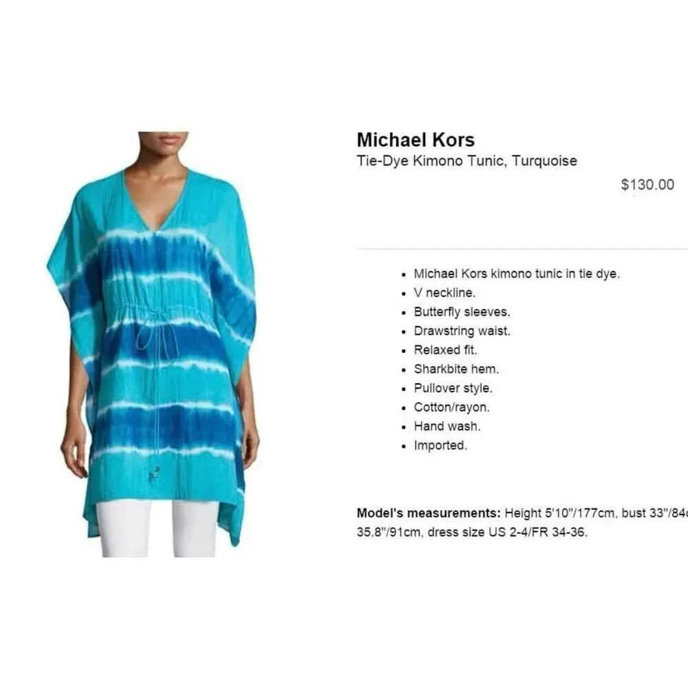 NWT Gorgeous Michael Kors M Blue Tie-Dye Kimono Sleeve Swim Cover-Up Tunic Top